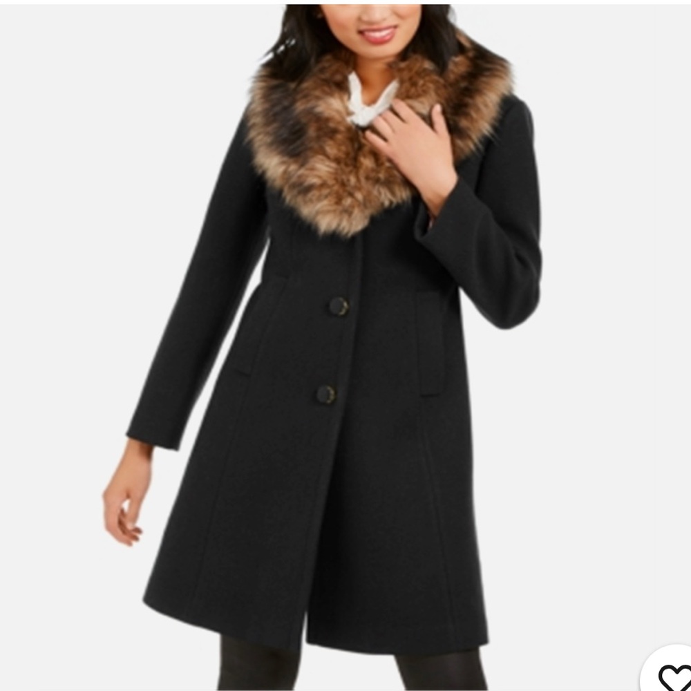 Kate Spade New York Faux-Fur-Trim Coat Black Size S